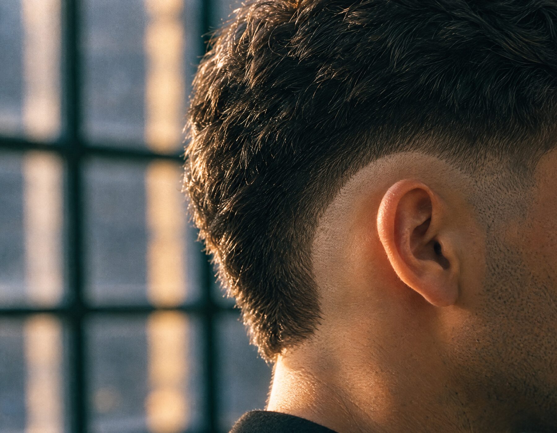 A burst fade curving around the ear