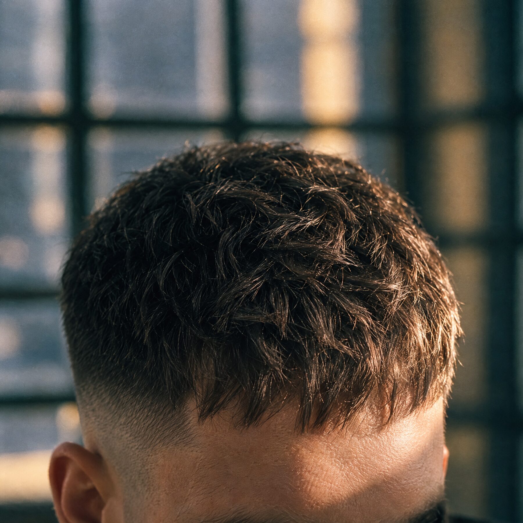 A textured fringe falling forward over the forehead